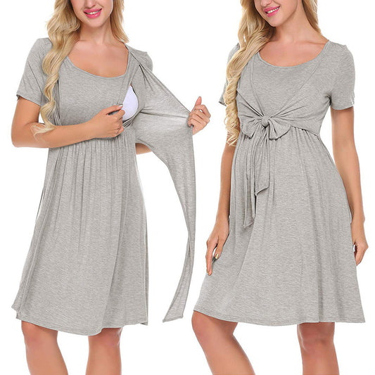 Short-Sleeve Nursing Dress – Tie-Waist Round-Neck Midi