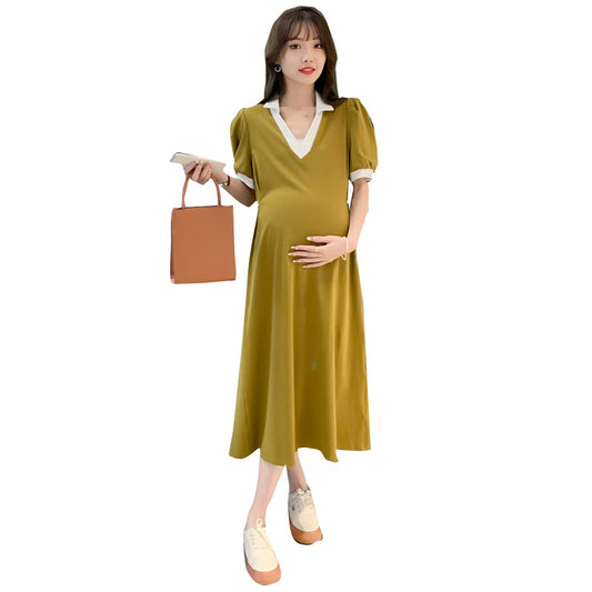 Golden Yellow Collared V-Neck Maternity Midi Dress – view 5