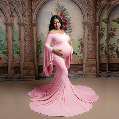 Bell-Sleeve Mermaid Maternity Gown – Ruffle Trailing Photoshoot Dress – view 2