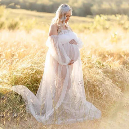 Dotted Mesh Off-Shoulder Maternity Gown – Puff-Sleeve Princess Maxi