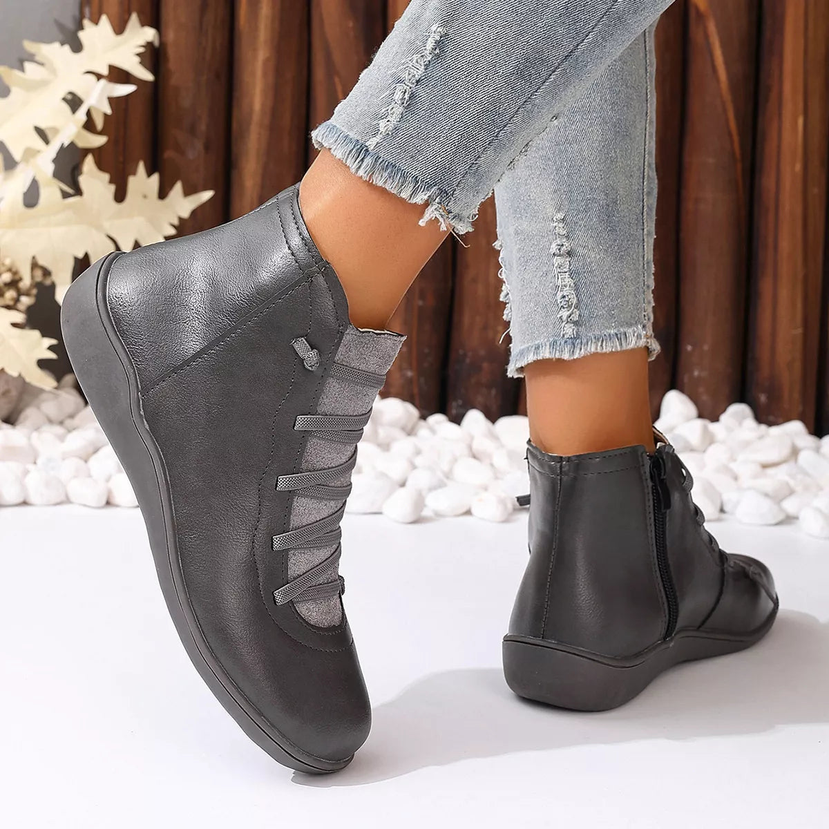 Faux Leather Ankle Boots – Lace-Up — view 29