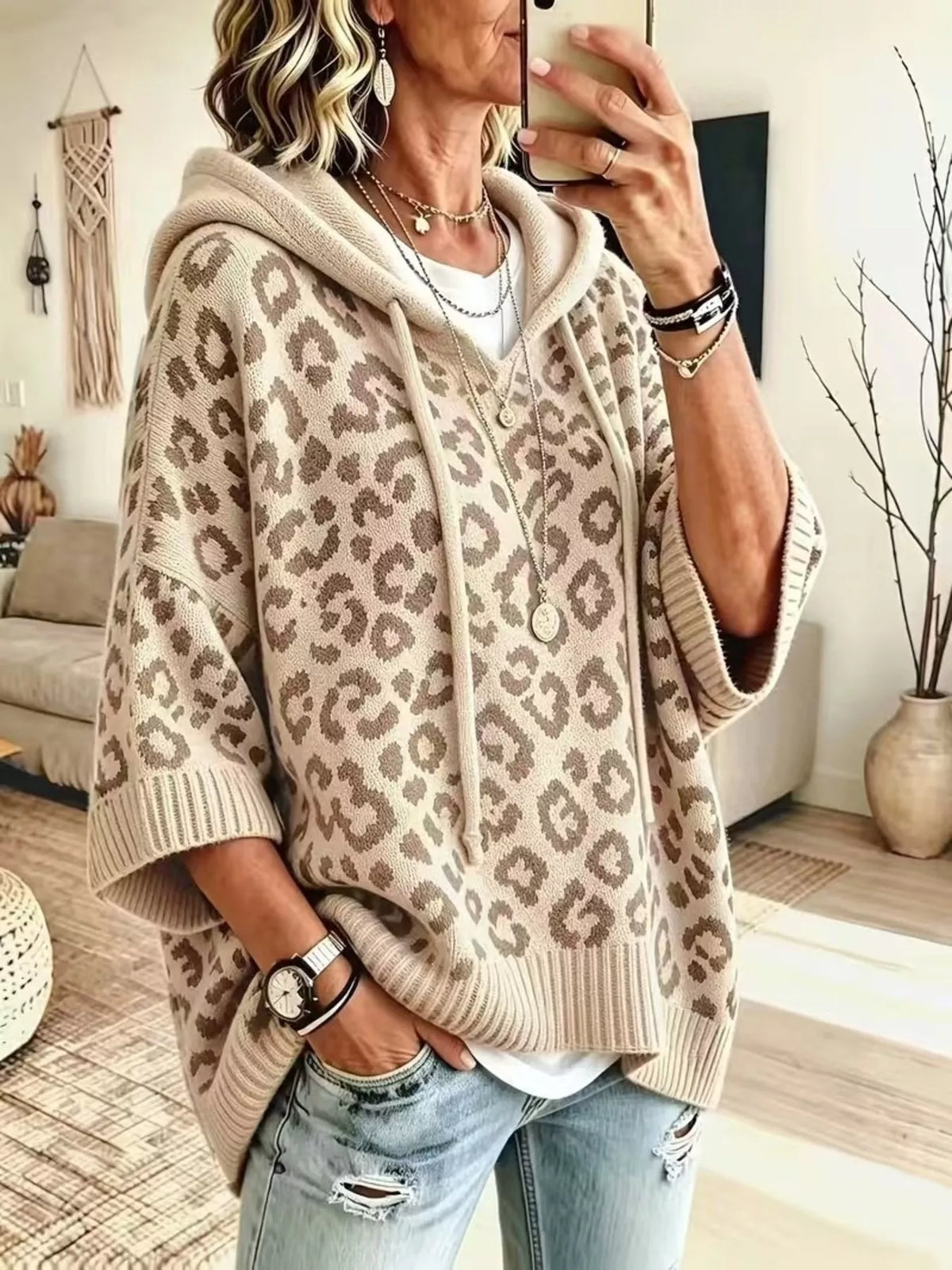 Leopard Hooded Sweater – Drawstring — view 11