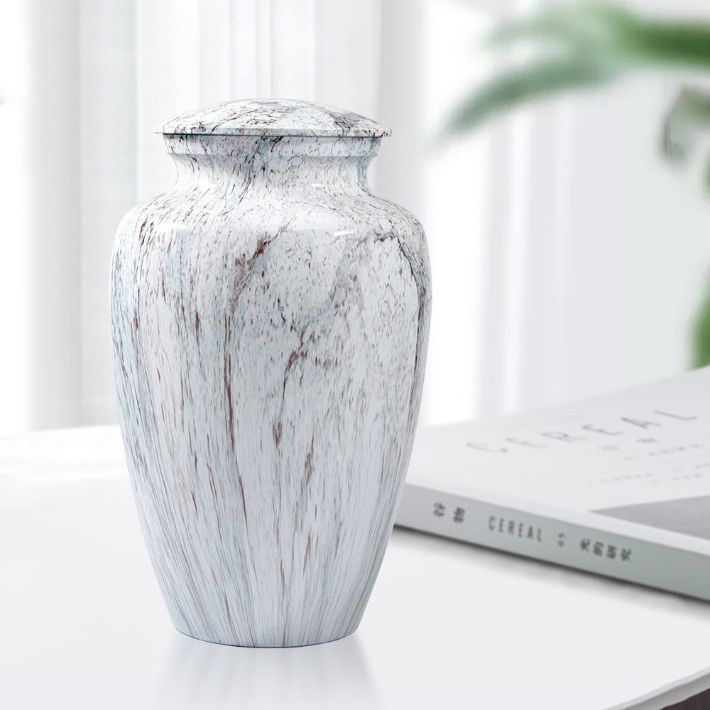 Aluminum Cremation Urn for Ashes – White Marble-Look Finish – view 2