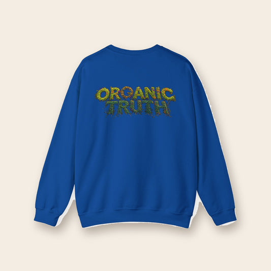 Dragon Eye crewneck sweatshirt in royal, back: ORGANIC TRUTH vine lettering with fire accents