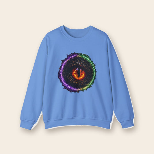 Dragon Eye crewneck sweatshirt in carolina blue, front: fire-lit dragon eye in a lightning ring