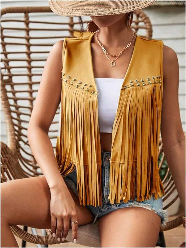 Faux Suede Fringe Vest – Women's Cropped, 6 Colors – view 2