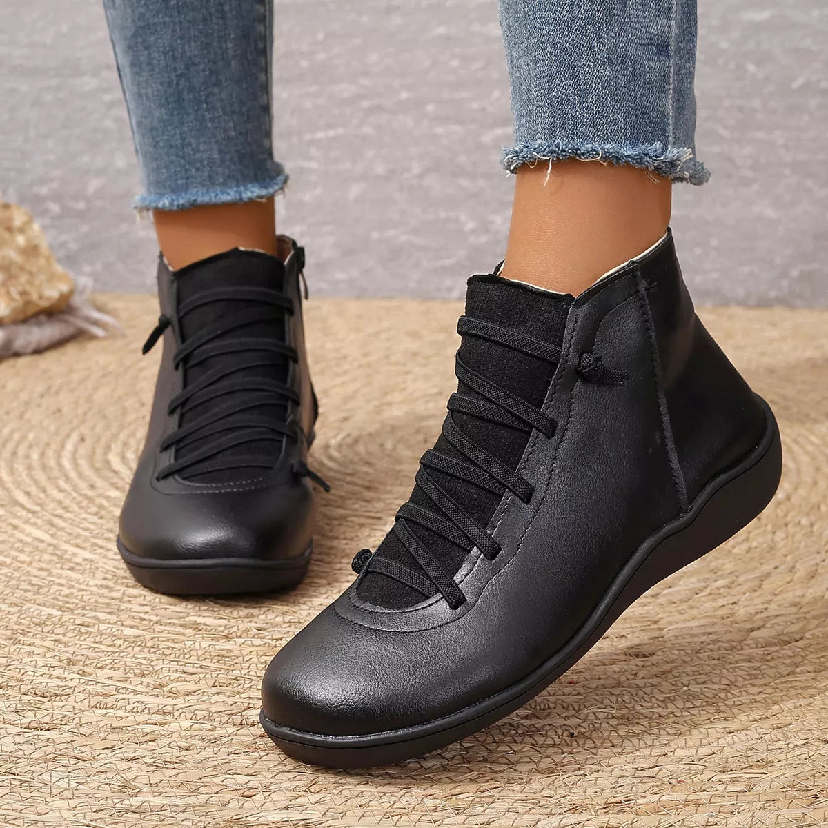 Faux Leather Ankle Boots – Lace-Up