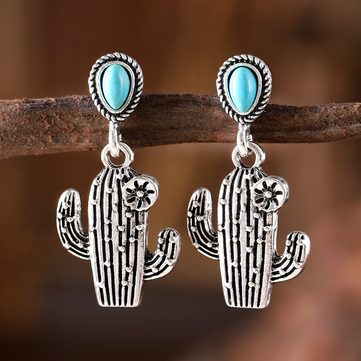 Cactus Drop Earrings – Blue-Green Stone-Look