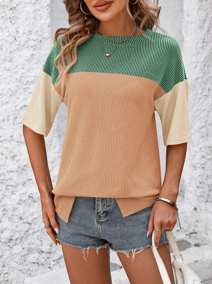Color-block round-neck half-sleeve tee — view 22 | Organic Truth