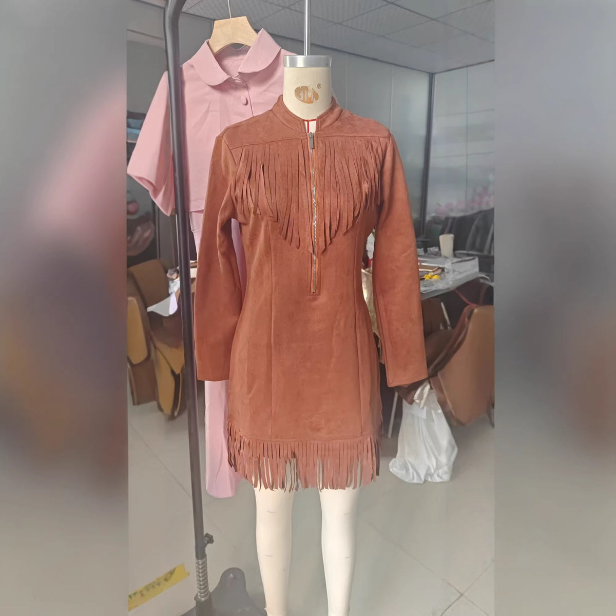 Western Fringe Mini Dress – Women's Faux Suede Zip Front – view 3