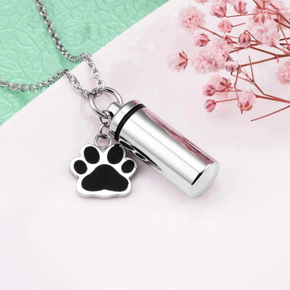 Pet urn necklace: Paw Vial Pet Urn Necklace – Titanium Steel, 28 × 11 mm