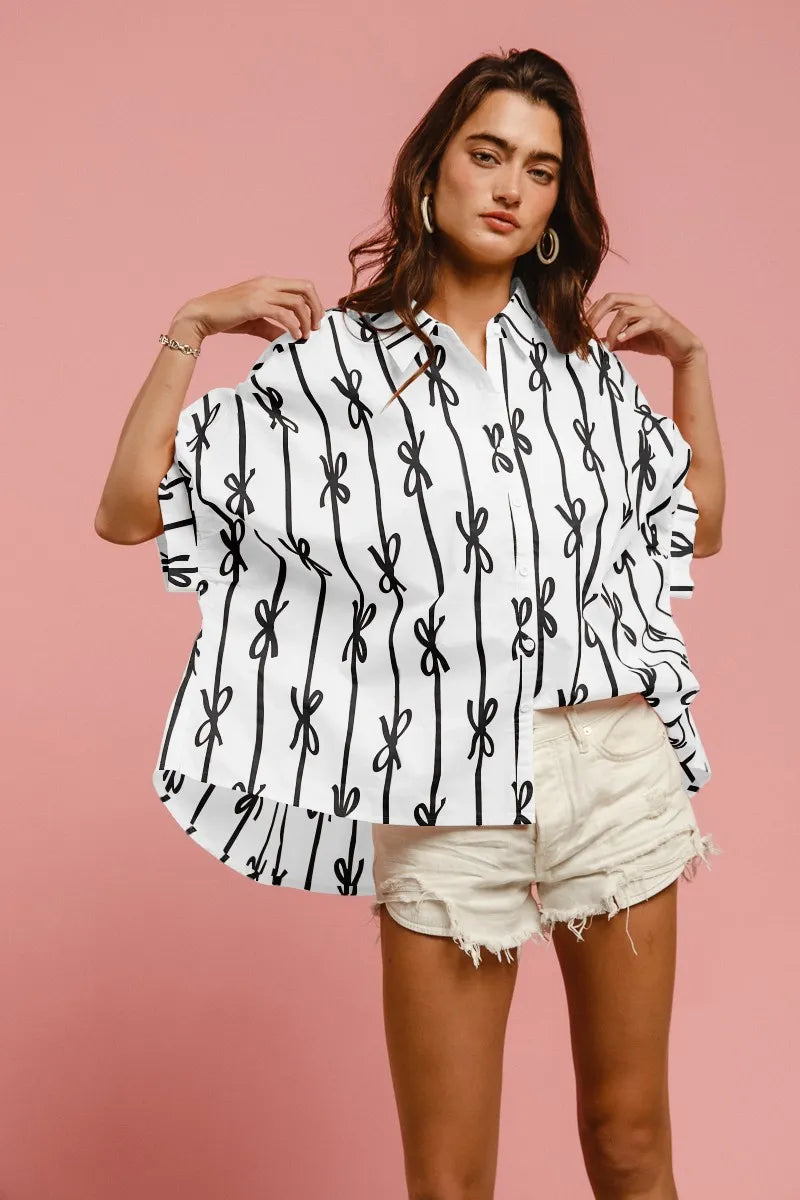 Bow Ribbon Printed Shirt – Button-Down