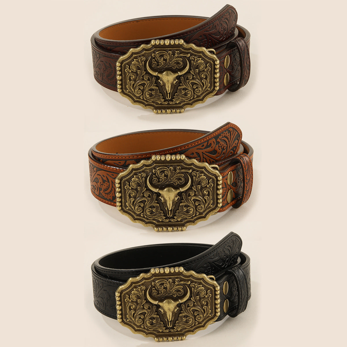 Steer Skull Western Belt – Embossed Faux Leather – view 5