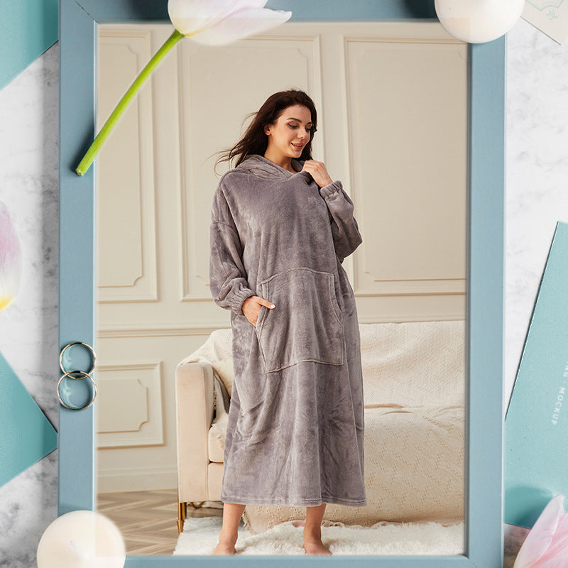 Long Hooded Flannel Lounge Robe – One Size, 11 Colors – view 3