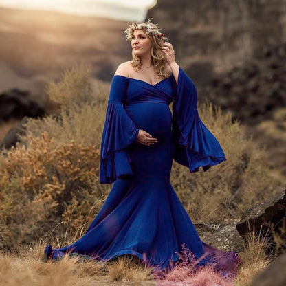 Bell-Sleeve Mermaid Maternity Gown – Ruffle Trailing Photoshoot Dress – view 7