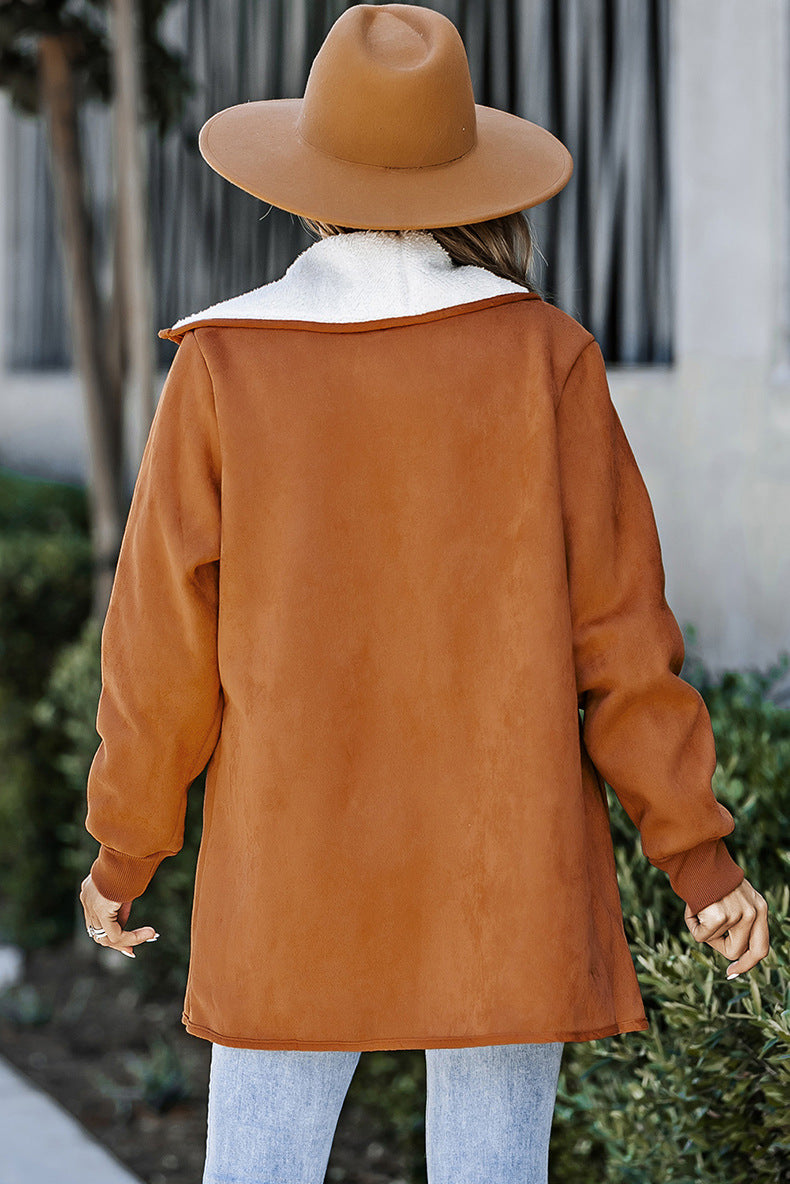 Faux Suede Coat – Women's Plush Lapel, Long Loose Fit – view 4