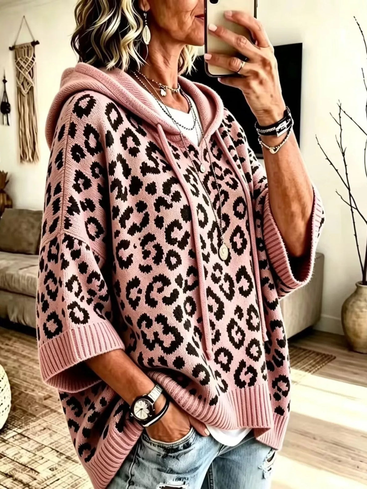 Leopard Hooded Sweater – Drawstring — view 13