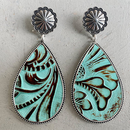 Tooled leather-look earrings: Tooled-Look Teardrop Earrings with Concho Studs