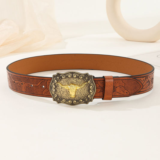 Longhorn Buckle Embossed Western Belt – Brown