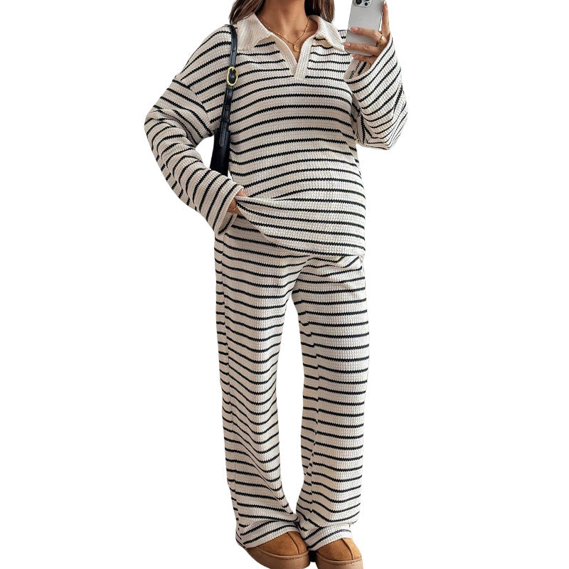 Maternity Knit Set – Striped Collared Top & Wide-Leg Pants – Beige Stripe