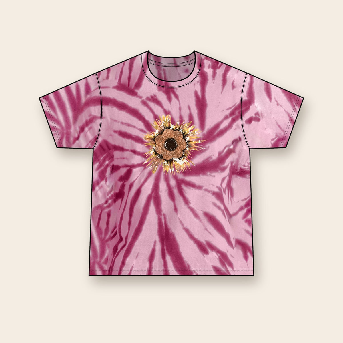 Espresso Shelf mushroom tie-dye tee in Maroon, front: a ring of shelf mushrooms in espresso browns