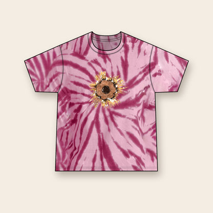 Espresso Shelf mushroom tie-dye tee in Maroon, front: a ring of shelf mushrooms in espresso browns