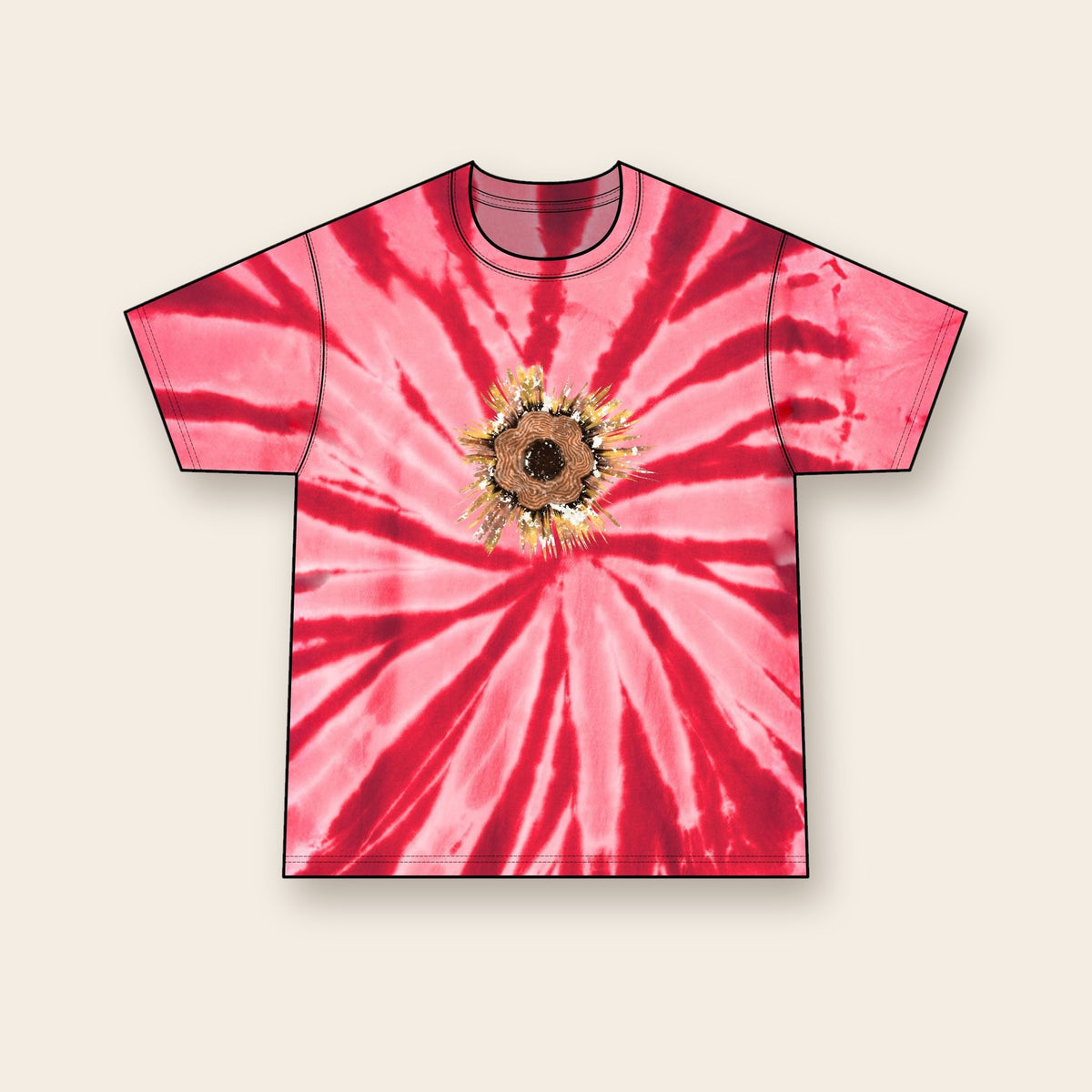 Espresso Shelf mushroom tie-dye tee in Red, front: a ring of shelf mushrooms in espresso browns