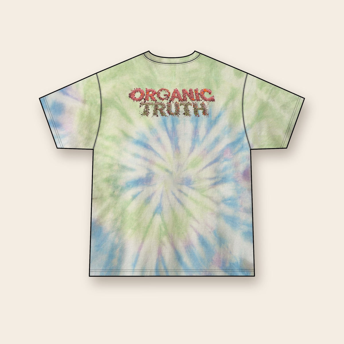 Espresso Shelf mushroom tie-dye tee in Watercolor Spiral, back: ORGANIC TRUTH vine lettering