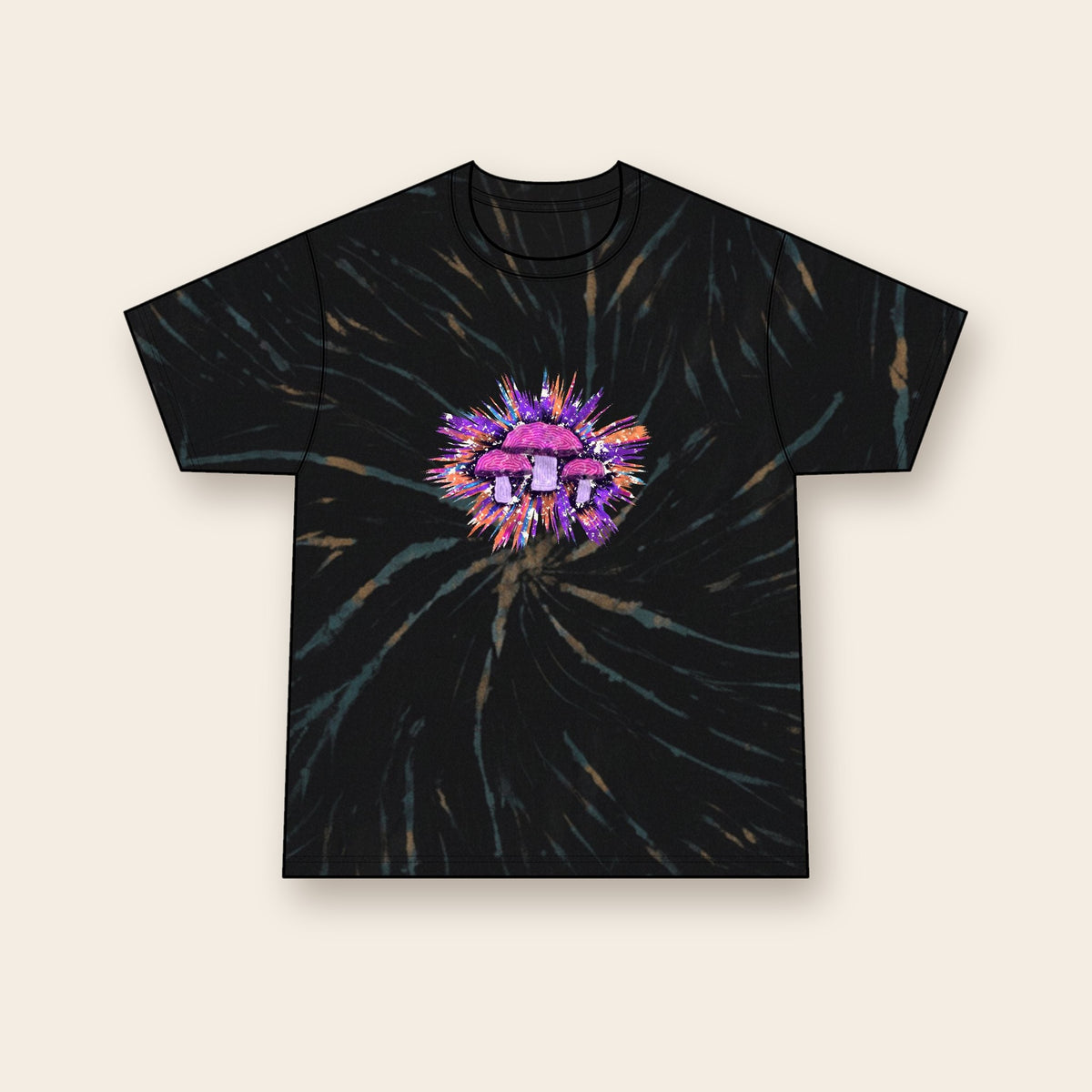 Galaxy Trio mushroom tie-dye tee in Black Galaxy Spiral, front: a trio of mushrooms in cosmic purples