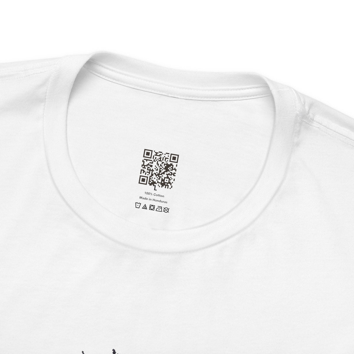 Dragon Eye graphic tee in white, collar close-up: printed Organic Truth QR neck label