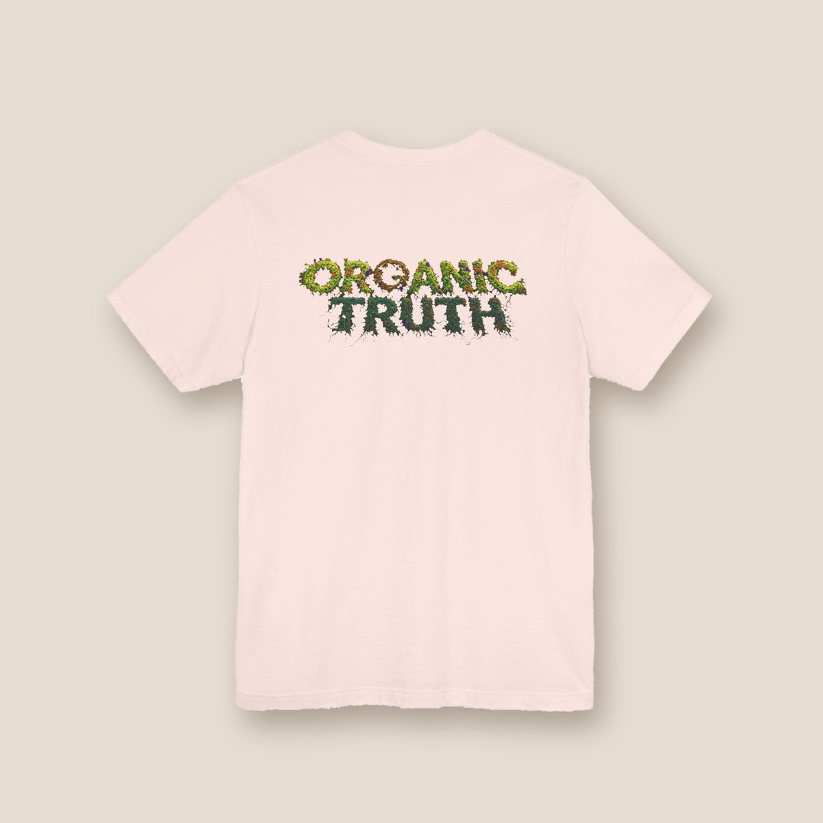 Dragon Eye graphic tee in soft pink, back: ORGANIC TRUTH vine lettering with fire accents