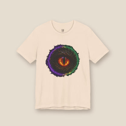Dragon Eye graphic tee in soft cream, front: fire-lit dragon eye in a lightning ring