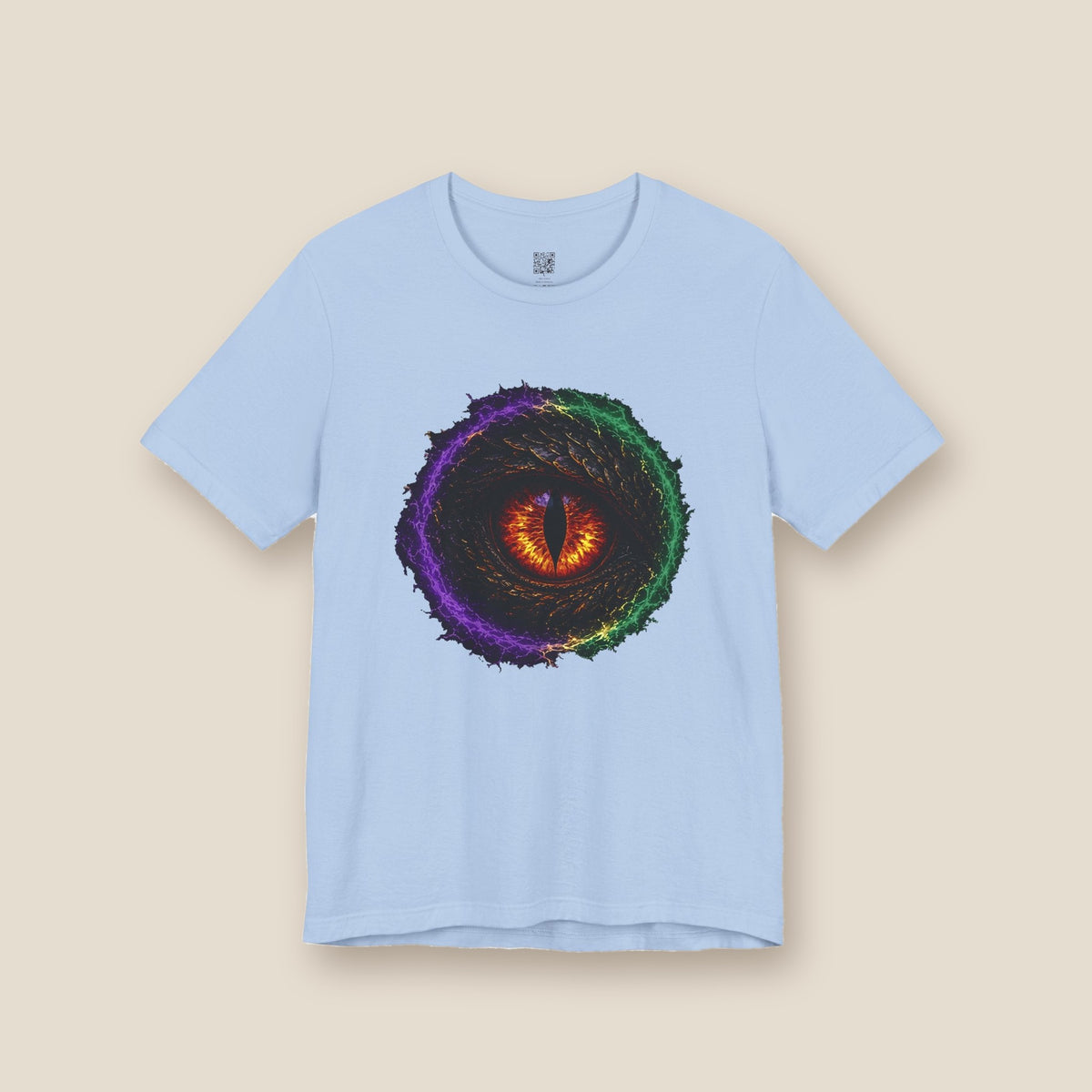 Dragon Eye graphic tee in baby blue, front: fire-lit dragon eye in a lightning ring