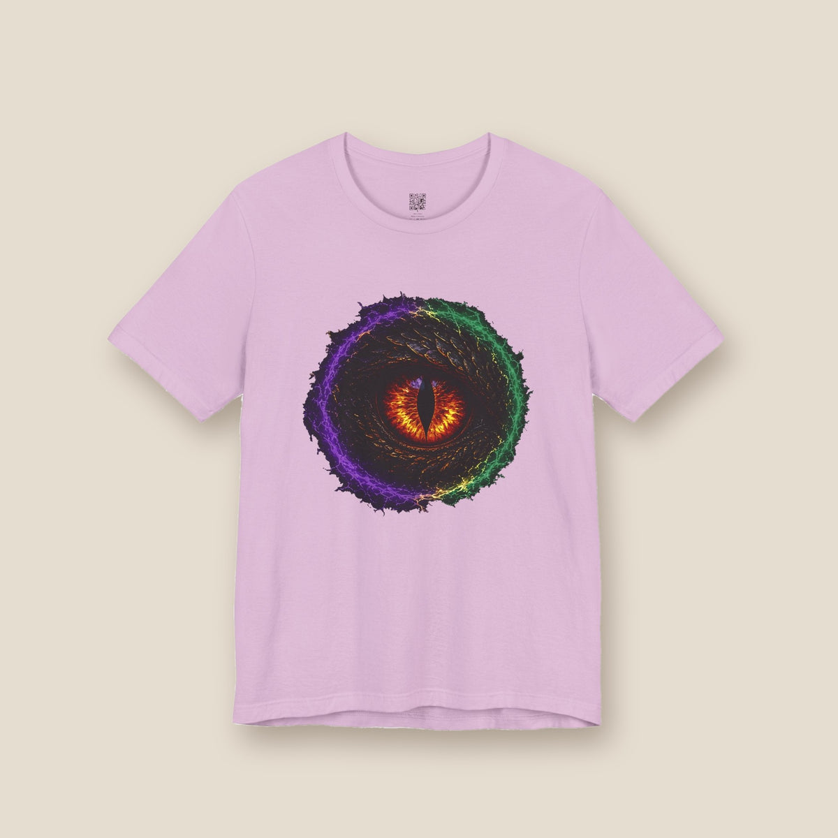 Dragon Eye graphic tee in lilac, front: fire-lit dragon eye in a lightning ring