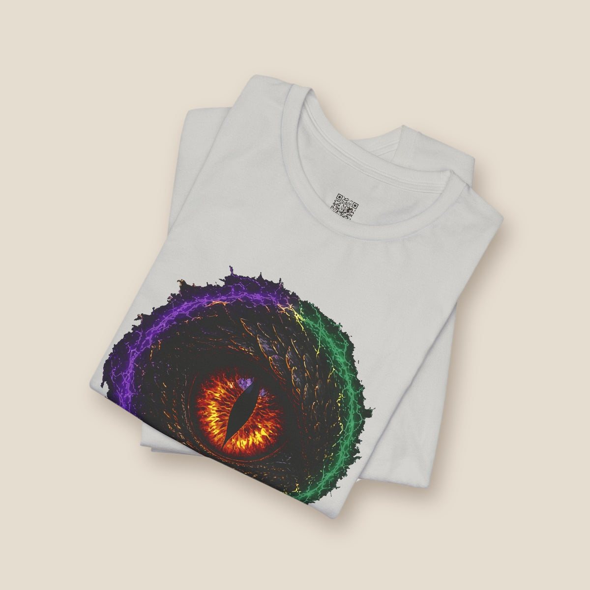 Dragon Eye graphic tee in silver, folded: fire-lit dragon eye front