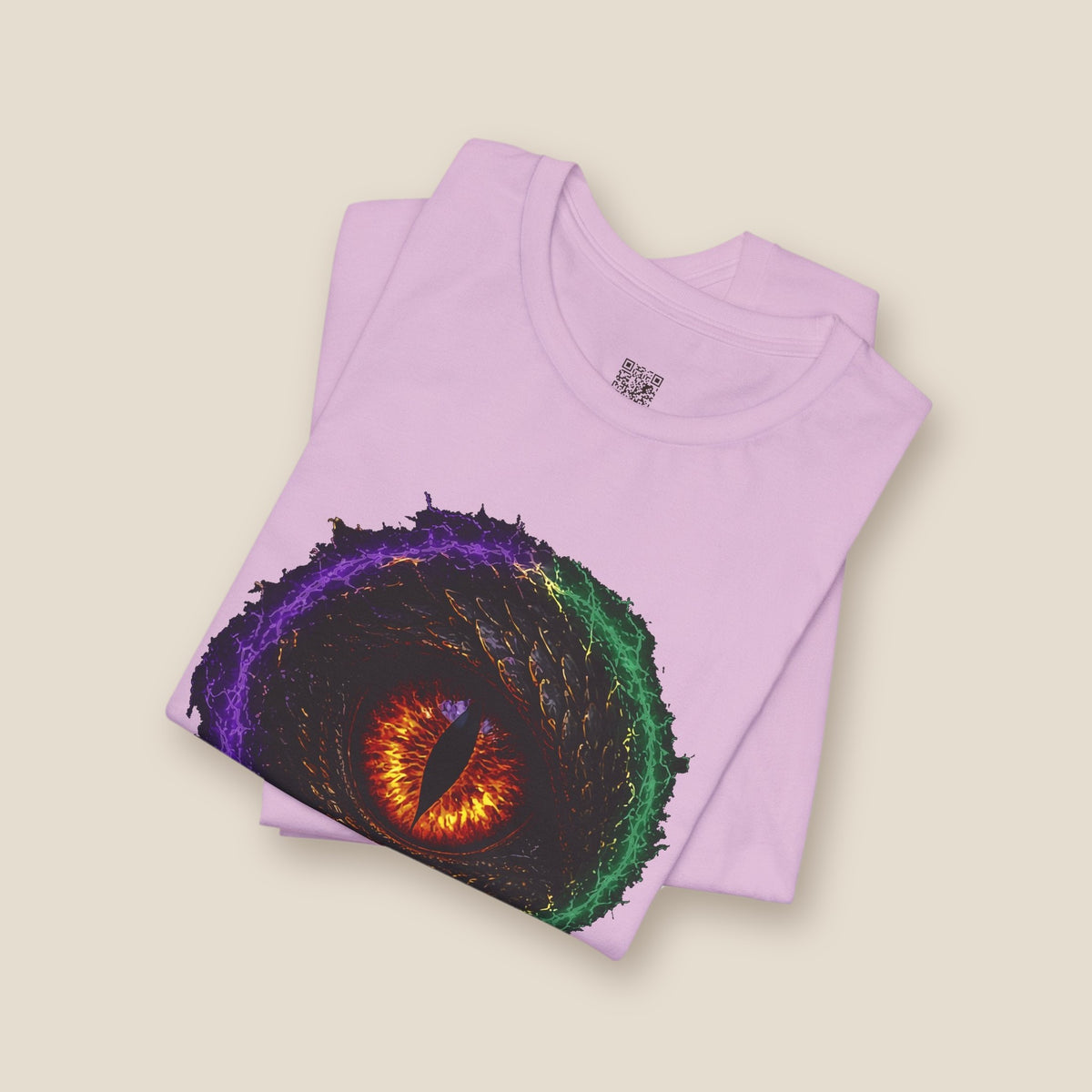 Dragon Eye graphic tee in lilac, folded: fire-lit dragon eye front